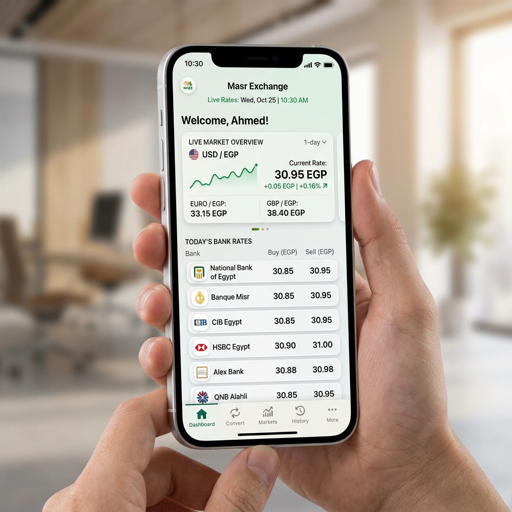 واجهة تطبيق سعر الدولار اليوم في مصر تعرض أسعار الصرف الحية